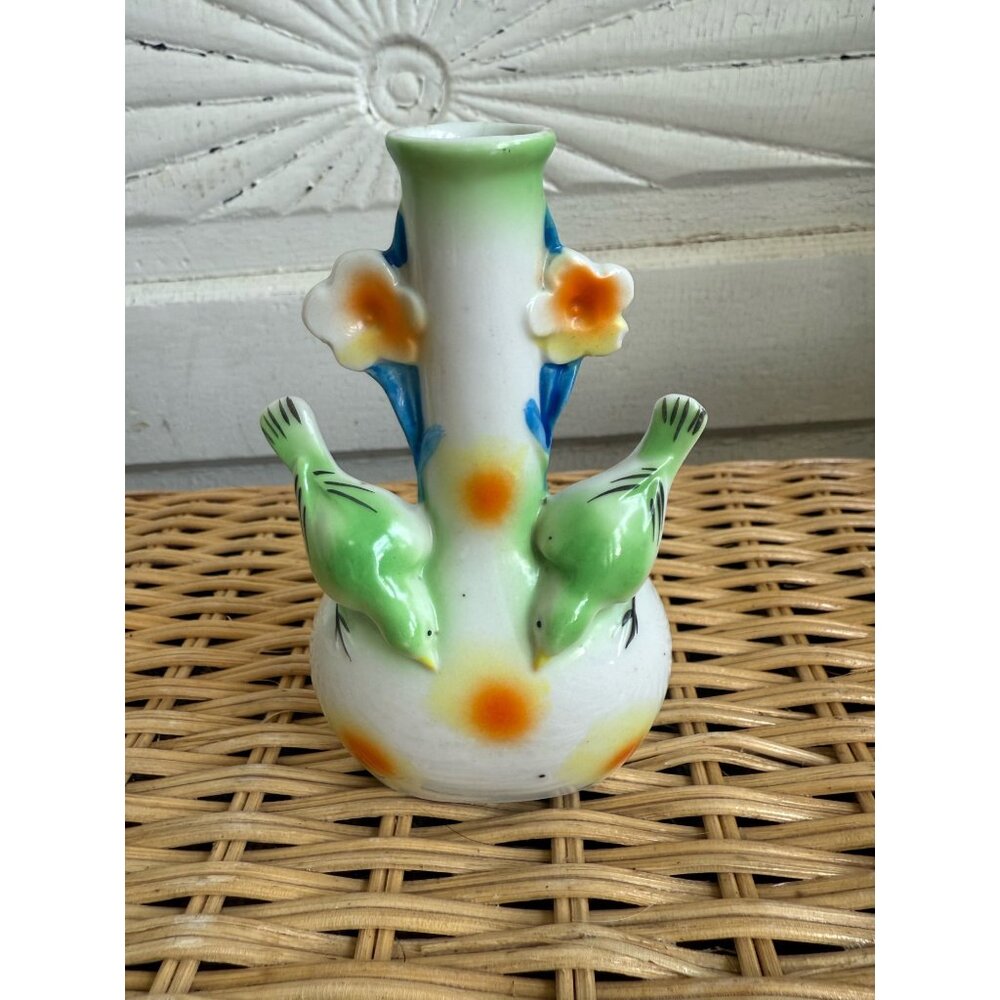 Vintage 1950s Bud Flower Vase 3D green Birds Orange Flowers